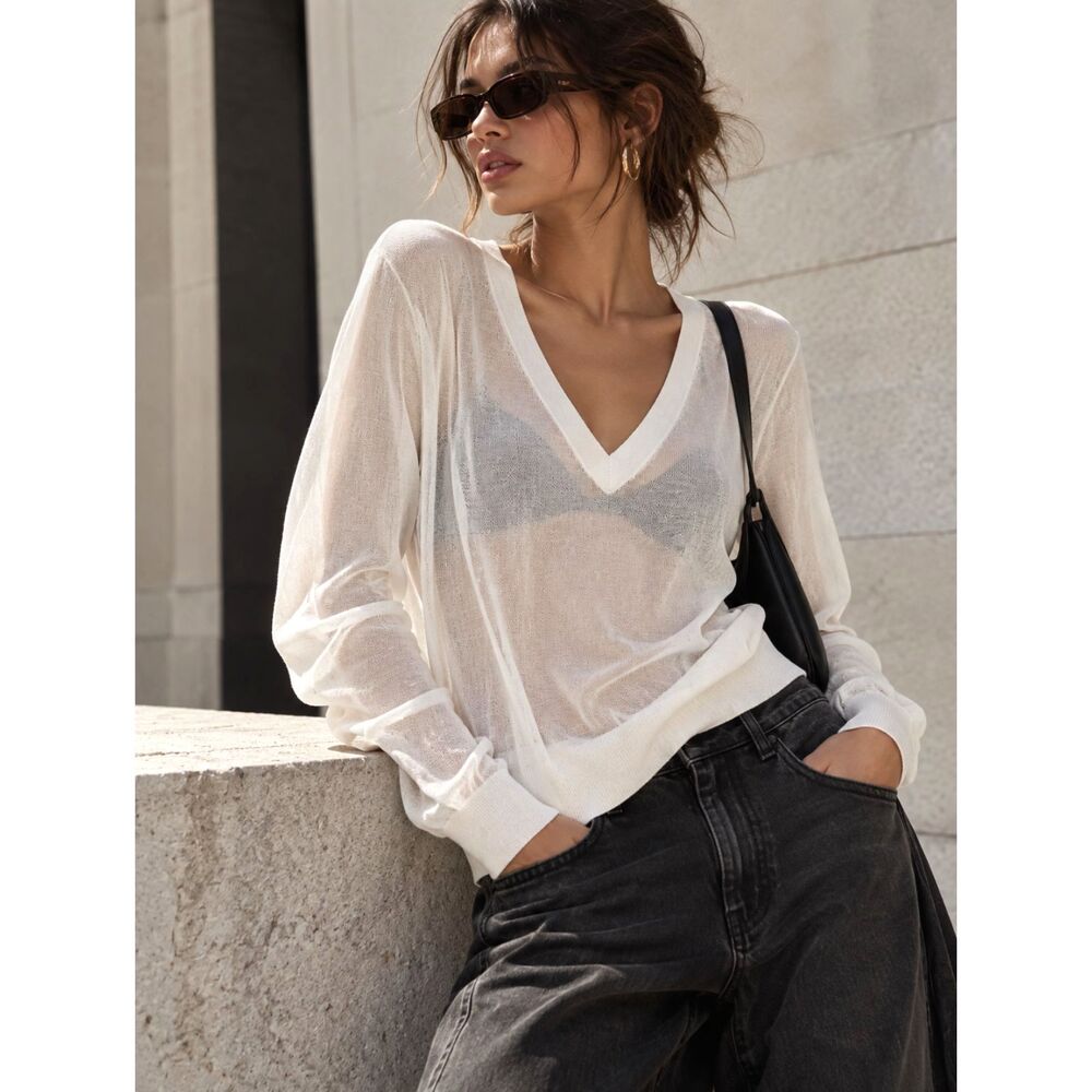 Vince 100% Cotton Sheer V-Neck Sweater White Lightweight Knit M NWOT